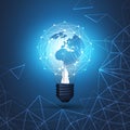 Abstract Cloud Computing, Electric and Global Network Connections Concept Design with Earth Globe Inside a Glowing Light Bulb Royalty Free Stock Photo