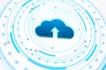 Abstract cloud computing icon with upload sign on tech-themed background. 3D Rendering Royalty Free Stock Photo