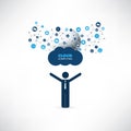 Cloud Computing Design Concept with a Standing Happy Business Man and Icons - Digital Network Connections, Technology Background Royalty Free Stock Photo