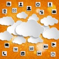 Abstract cloud computing with media icons on a striped orange ba Royalty Free Stock Photo