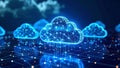 Abstract cloud computing network concept with glowing digital clouds and connections in blue Royalty Free Stock Photo