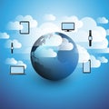Cloud Computing Design Concept - Digital Connections, Technology Background with Electronic Devices, Earth Globe and Clouds Royalty Free Stock Photo