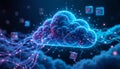 Abstract Cloud Database Visualization with 3D Floating Data Blocks and Neon Network Nodes Royalty Free Stock Photo