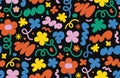 Abstract cloud and flower shapes seamless pattern. Groovy funky flower, bubble, star, loop, waves.