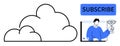 Cloud storage concept with subscribe button and man holding trophy in online video interface Royalty Free Stock Photo