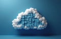 Abstract cloud made of light blue cubes is partially covered by white fluffy clouds against solid blue background. Digital cloud Royalty Free Stock Photo