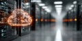 Abstract cloud network glowing inside data center corridor representing digital infrastructure storage and computing technology Royalty Free Stock Photo