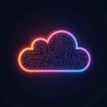 Abstract cloud shape made of electronic circuits. Neon lights glow on dark background. Digital tech concept. Data storage symbol. Royalty Free Stock Photo