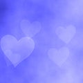 Abstract cloudy gradient violet lavender blue background with four transparent hearts