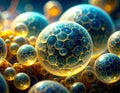 Abstract Cluster of Glowing Blue and Golden Spheres Cells Under Light Microscope Royalty Free Stock Photo