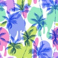 Abstract coconut trees on comic dripping blots background in pop art, graffiti style