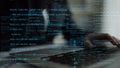 Abstract coding scene with glowing binary numbers and programming function code overlaying a close-up of human hands on Royalty Free Stock Photo