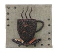 Abstract coffee beans mug concept over burlap canvas background Royalty Free Stock Photo