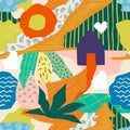 Abstract collage pattern. Seamless doodle print design, contemporary exotic summer shapes and colors. Vector hand drawn