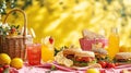 An abstract collage of picnic items with baskets, sandwiches, and refreshing lemonade, capturing summertime bliss. Royalty Free Stock Photo