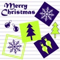 Abstract collage of squares with Christmas trees inside, ornaments and snowflakes