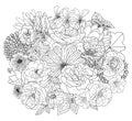 Abstract collection with flowers in doodle style for coloring book and decoration design, wedding, greeting card. Book page.