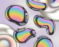 Abstract Collection of Iridescent Liquid Droplets or Bubbles with Rainbow Color Reflections on a Light Purple Background with Soft Royalty Free Stock Photo