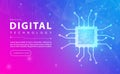 Digital technology electronic chip banner pink blue background concept with technology, microprocessor computer electric future