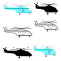 Abstract color helicopters isolated. black outline and silhouette on white background.