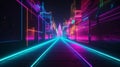 abstract color neon light footpath Neon lights on a dark tunnel with a city in the background Royalty Free Stock Photo