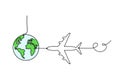 Abstract color planet Earth with plane as line drawing on white