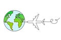 Abstract color planet Earth with plane as line drawing on white