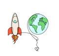 Abstract color rocket with globe as continuous line drawing on white background