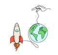 Abstract color rocket with globe as continuous line drawing on white Royalty Free Stock Photo