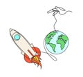 Abstract color rocket with globe as continuous line drawing on white Royalty Free Stock Photo