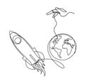 Abstract rocket with globe as continuous line drawing on white Royalty Free Stock Photo