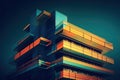 Abstract colored building with blue, orange and yellow stripes. Generative AI