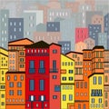 Abstract colored city view in outlines with many houses and buildings as a single piece