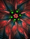 Abstract colored illustration of fractal flower, 3D shapes details, green spheres, abstract petals