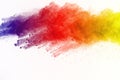 Abstract of colored powder explosion on white background. Multicolor powder splatted isolate. Colorful cloud. Colorful dust explod