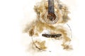 Guitar in the foreground on Watercolor painting background and Digital illustration brush to art. Royalty Free Stock Photo