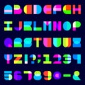 Abstract colorful alphabet font. Blocky letters and numbers with transparency.