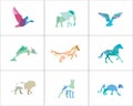 Colorful and abstract animal logos set. Lion, dog, horse, fish vector icons, bird and pet shop and care center illustration. Royalty Free Stock Photo