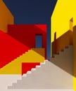 Abstract colorful architectural composition of the building. Background of blue sky. 3d illustration.