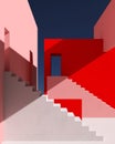 Abstract colorful architectural composition of the pink building. Background of blue sky. 3d illustration.