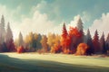 Abstract colorful autumn forest landscape with clouds. Artistic effect of painting with paints. Digital illustration Royalty Free Stock Photo