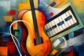 abstract colorful background with music instruments - violin, piano, keyboard Royalty Free Stock Photo