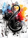 Abstract colorful background with musical clef and splashes of paint.