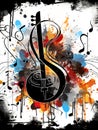 Abstract colorful background with musical clef and splashes of paint.