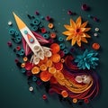 abstract colorful background with space rocket and flower, 3d illustration Royalty Free Stock Photo