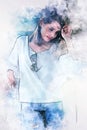 Abstract beautiful woman traveling and walking street in the city on watercolor illustration painting background. Royalty Free Stock Photo