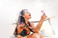 Asia woman sexy and smile portrait on beach and soft sunrise on face on watercolor illustration painting background.
