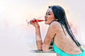 Asia woman traveling for relaxation and drinking wine on speed boat at Thailand on watercolor illustration painting background. Royalty Free Stock Photo