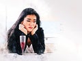 Asia woman traveling for relaxation and drinking wine on speed boat at Thailand on watercolor illustration painting background. Royalty Free Stock Photo