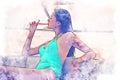 Asia woman traveling for relaxation and drinking wine on speed boat at Thailand on watercolor illustration painting background. Royalty Free Stock Photo